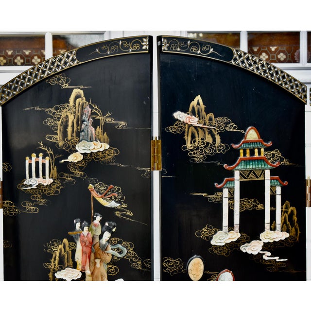 4 Panel Room Divider Vintage Chinese Coromandel Round Screen Black Lacquer For Sale - Image 9 of 16