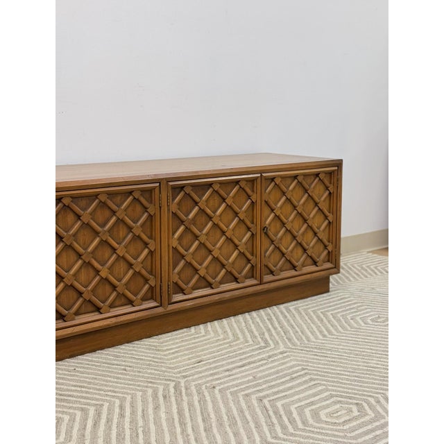 Wood Drexel Collage MCM Low Console Lattice Door Faces Vintage Credenza Finished Back For Sale - Image 7 of 16