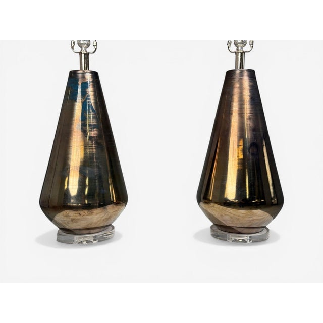 Metal Contemporary Modern Table Lamps, Distressed Bronze Glass Finish, Lucite, Usa - a Pair For Sale - Image 7 of 10