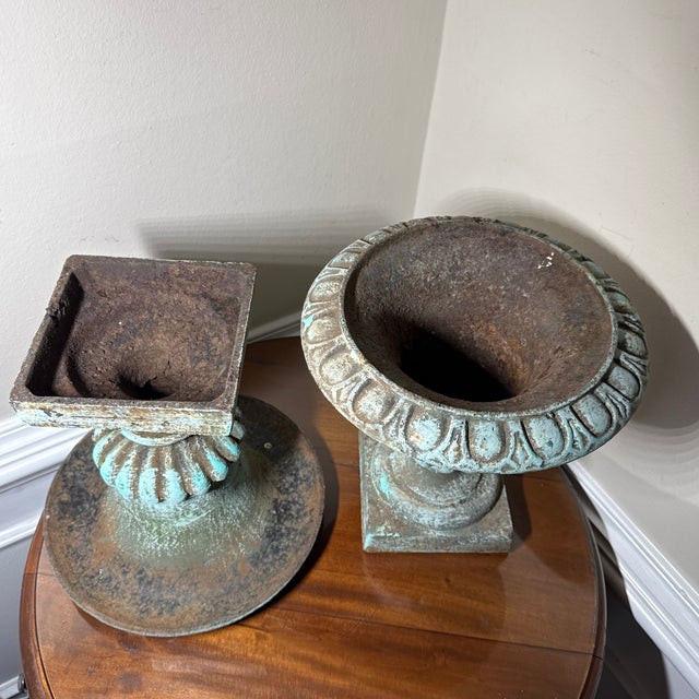Verdigris Vintage Pair French Country Cast Iron Verdigris Green Garden Urns Planters For Sale - Image 8 of 8