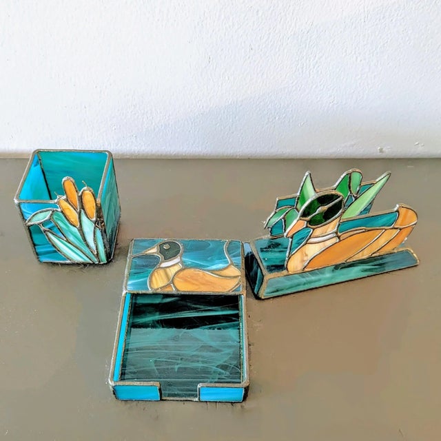 Metal '89 Mallard Duck Themed Desk Set in Stained Glass Signed - 3 Pieces For Sale - Image 7 of 7