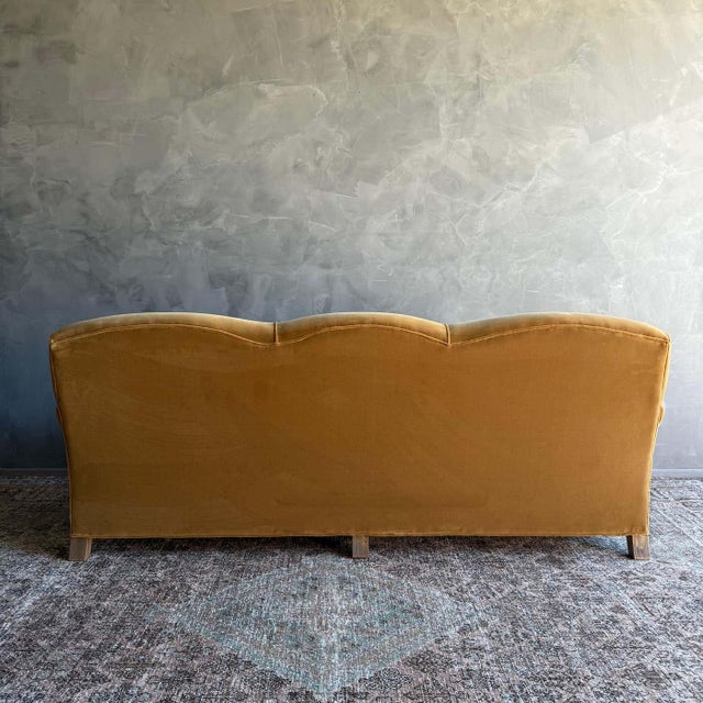 Textile Modern English Sofa in a Caramel Mustard Faux Velvet Mohair With Down Cushion For Sale - Image 7 of 10