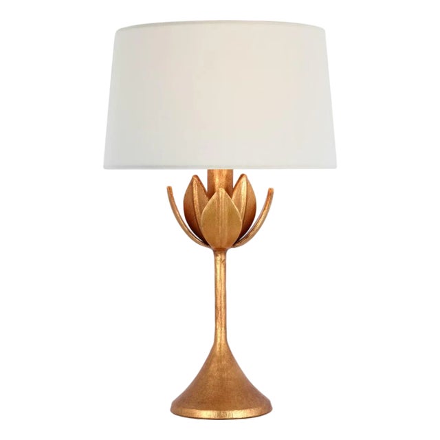 Julie Neill by Visual Comfort Signature Alberto 17" Cordless Accent Lamp in Antique Gold Leaf with Linen Shade For Sale