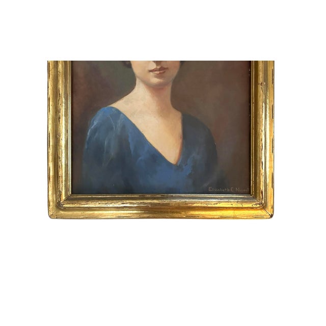 1920’s Vintage Oil on Canvas Portrait Painting of Lady/Woman in Blue Dress With Original Gilt Newcomb Macklin Style Frame by Elizabeth Nugent For Sale - Image 4 of 7
