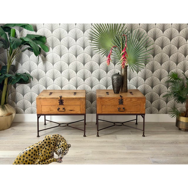 Vintage Rustic Mexican Pine Wood with Wrought Iron and Brass Storage Trunk Chest Side Tables Includes: Two (2) side tables...