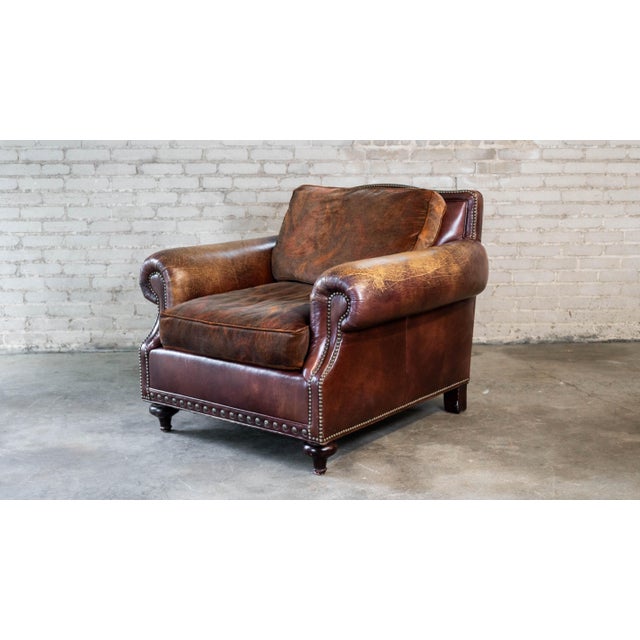 Ralph Lauren leather and velvet club chair, circa 2007. Lovely rich chocolate brown leather with nice distressed patina...
