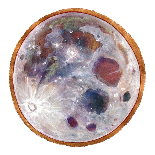 The Mother Moon - Original 16 Inch Round Celestial Mixed Media Painting on Handmade Paper With Gold Edge by Michaela Jean For Sale