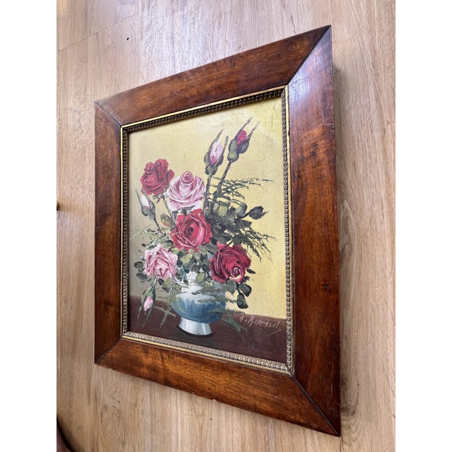 exquisite antique european floral still-life painting depicting a richly coloured bouquet of roses arranged in a blue-and-...