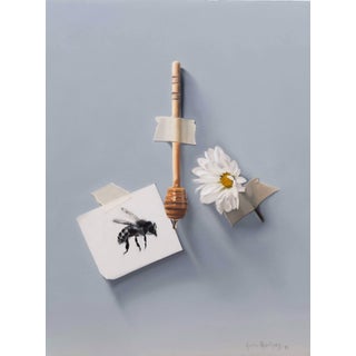 Preserving Memories by Karina Rodríguez | Oil on aluminum panel Still life with a bee, honey dipper, and daisy. For Sale
