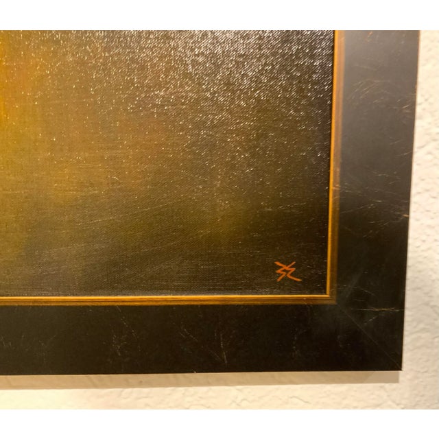 Warm Modern Tonalist Early Dawn Landscape Painting, varnished acrylic on canvas, custom oil rubbed bronze finished wood frame