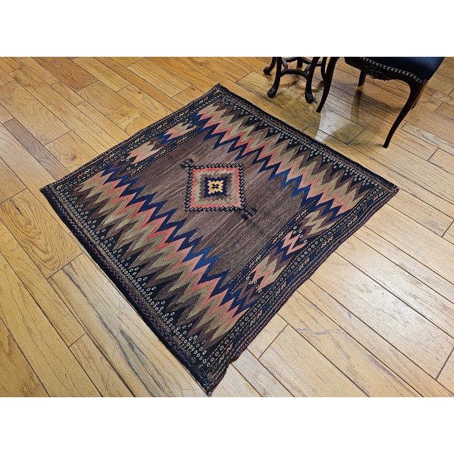 Antique Persian Qashqai Tribal Sofreh Kilim Rug, Handwoven Wool, Geometric Pattern, Brown, 4x4 For Sale - Image 12 of 13