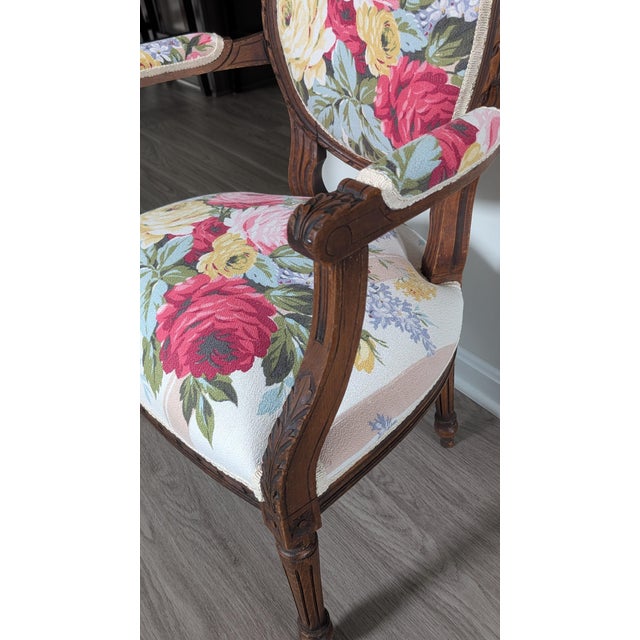 French Vintage Louis XVI Style French Arm Chair Restyled/Restored- Vintage Cabbage Roses Floral Batkcloth Upholstery Fabric For Sale - Image 3 of 12