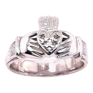 14 Karat White Gold Claddagh Diamond Ring, Size 13