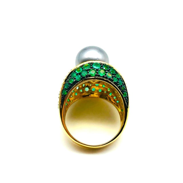 Gemstone Bochic "Orient" Vintage Emerald & Tahiti Pearl Ring Set In 18K Gold & Silver, Size 7 For Sale - Image 7 of 18