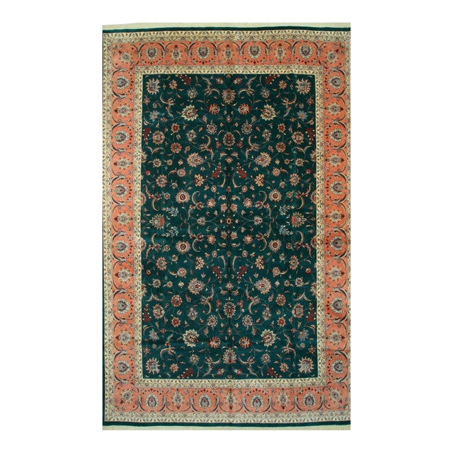 Large Modern Fine Persian Floral Design Green Hand-Knotted Wool Area Rug Carpet For Sale
