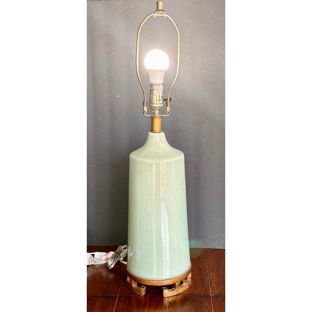 1960s Mid-Century Modern Celadon Crackle-Glaze Ceramic & Wood Table Lamp For Sale - Image 4 of 15