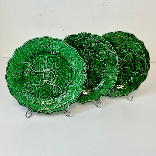 Late 19th Century 1878 Antique Victorian French l'Art Vegetal Green Majolica Clairefountaine Salad Plates - Set of 3 For Sale - Image 5 of 10