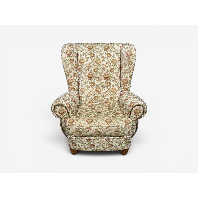 Danish Cabinetmaker, Large Wingback Chair, Floral Fabric, Wood, Denmark, 1950s For Sale - Image 4 of 11