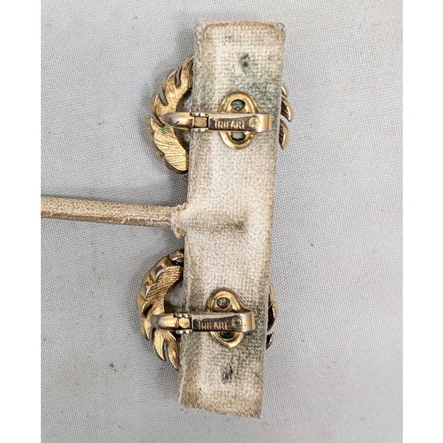 Metal Vintage Signed Crown Trifari Goldtone Mother of Pearl & Cabochon Faux-Turquoise Clip Earrings-2 Pieces For Sale - Image 7 of 7