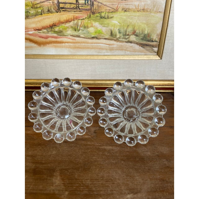 Vintage Pressed Glass Candle Holders With Hobnail Edge, Set of Two For Sale - Image 4 of 9