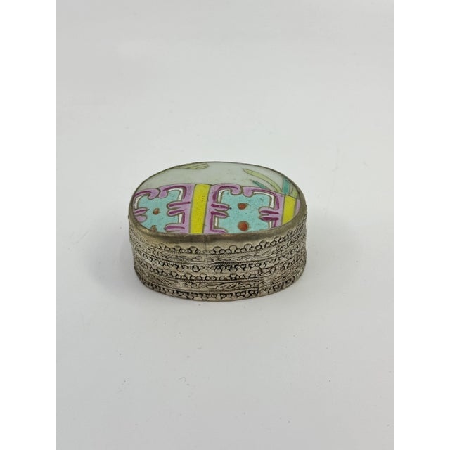1960s Vintage Chinese Hand Painted Figure Porcelain Chard Embossed Silver Trinket Box For Sale - Image 4 of 7