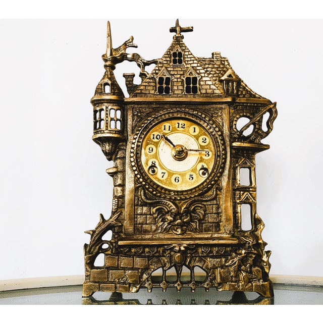 Brass German Mantel Clock, 1950s Neo-Gothic/Art Nouveau – rich decorations, castle motifs, fine details inspired by Gothic...