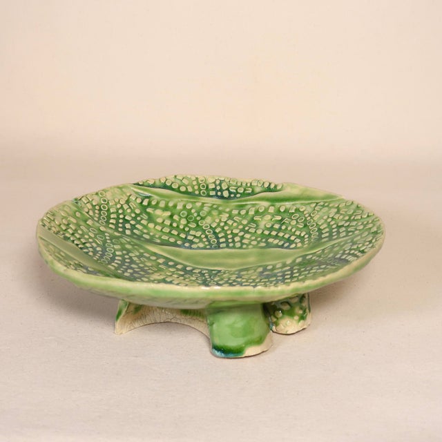 Late 20th Century Signed Wabi Sabi Studio Pottery Sculptural Green Abstract Pattern Textured Pedestal Bowl For Sale - Image 14 of 16