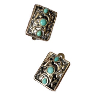 Late 20th Century Sterling and Turquoise Clip-On Earrings, A Pair For Sale