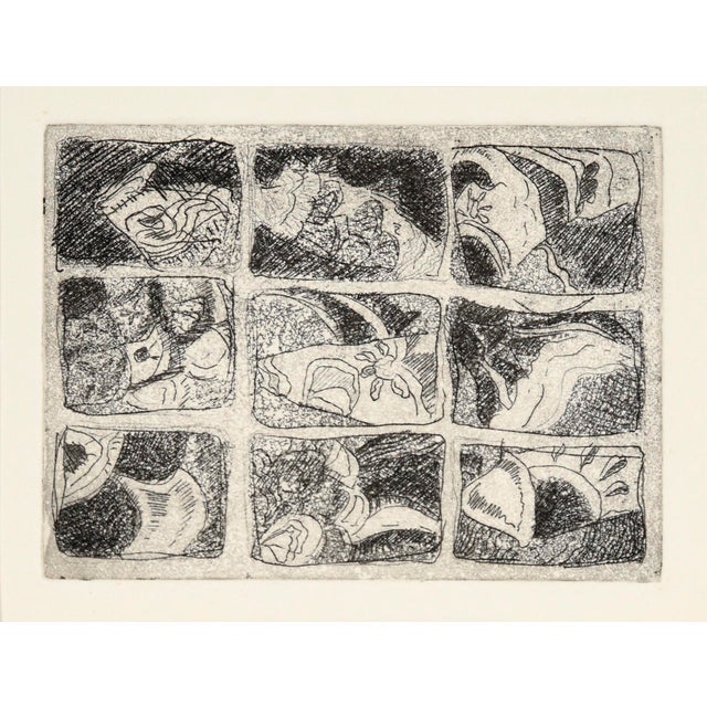 Abstracted print by Doris Ann Warner (American, 1925-2010). Nine panes are arranged in a three by three grid, each with a...