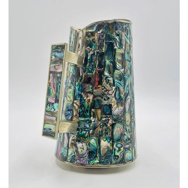 Emilia Castillo 1950s Mid-Century Modern Mexican Alpaca Silver and Abalone Inlay Water Pitcher For Sale - Image 4 of 17