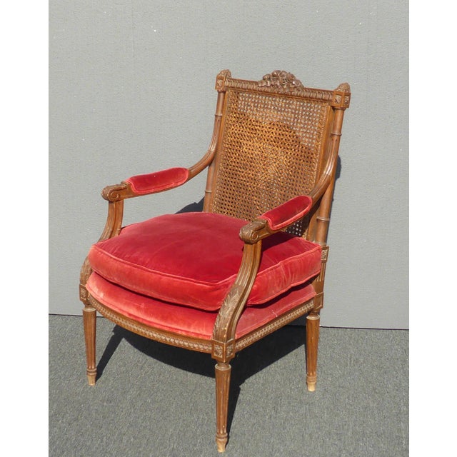 Vintage French Provincial Red Velvet Arm Chair With Cane Back & Goose Down Fill For Sale - Image 11 of 11