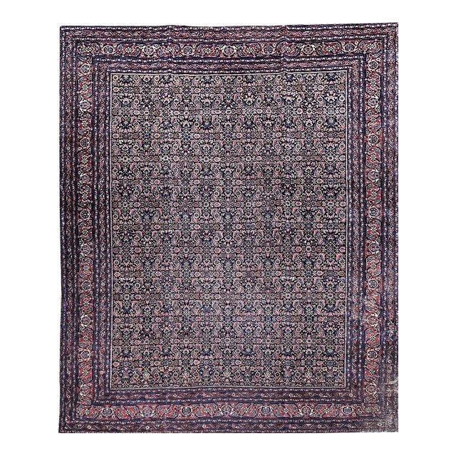 Vintage Persian Bidjar Rug, Hand-Knotted Wool, All-over Herati Geometric Pattern, Navy & Rust-Red,9x12 For Sale
