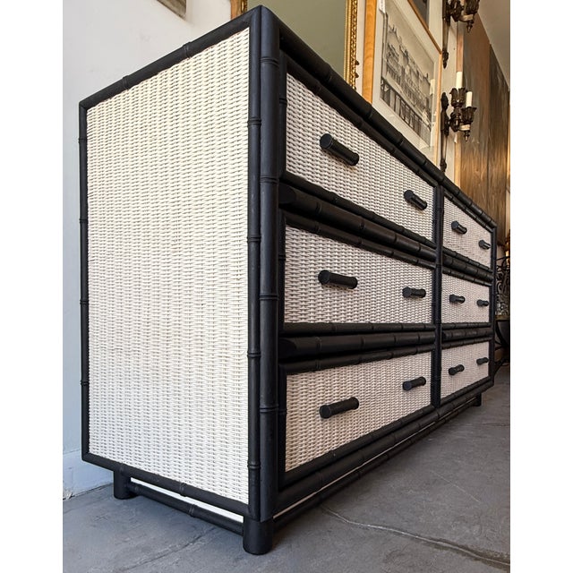 1980s Faux Bamboo & Rattan British Colonial Style 6 Drawer Double Dresser For Sale - Image 5 of 9