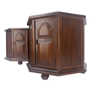 Pair Cerused Oak Round Octagon Shape 1 Door Compartment End Tables Stands MINT! For Sale
