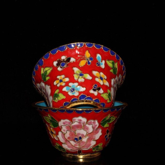 Chinese Pair of Vintage Chinese Cloisonné Enamel Bowls With Peony Motif For Sale - Image 3 of 9