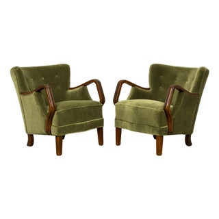 Danish Art Deco Lounge Chairs by Alfred Christensen, Walnut & Mohair, 1940s For Sale
