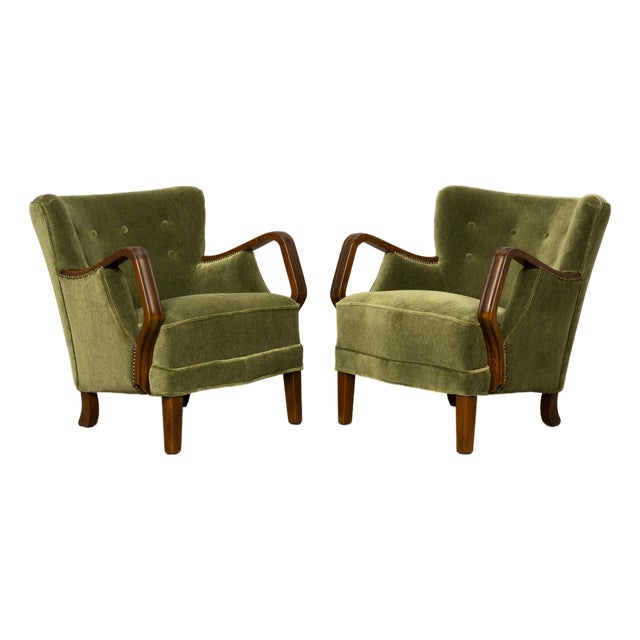 Danish Art Deco Lounge Chairs by Alfred Christensen, Walnut & Mohair, 1940s For Sale
