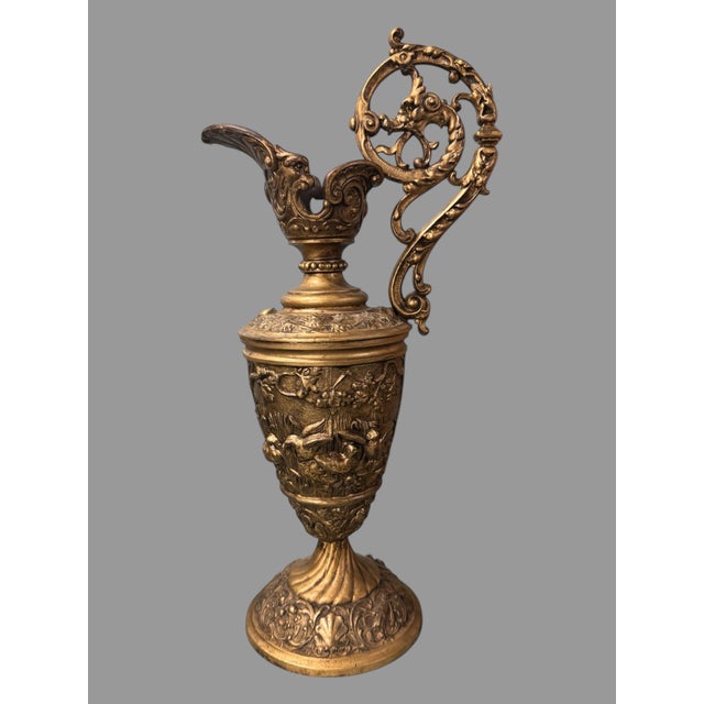 Victorian Early 20th Century Ornate Cast Metal 16" Figural Handled Ewer Urn With Deer & Ducks For Sale - Image 3 of 9