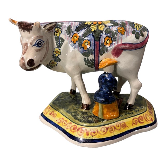 Antique Dutch Faience Delft Porcelain Figural Cow & Milkmaid Statue For Sale