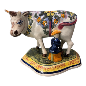 Antique Dutch Faience Delft Porcelain Figural Cow & Milkmaid Statue