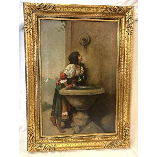 Early 20th Century Framed Original Oil Painting on Canvas 'Roman Girl at the Well' Inspired by Léon Bonnat (France 1833-1922) For Sale - Image 16 of 18