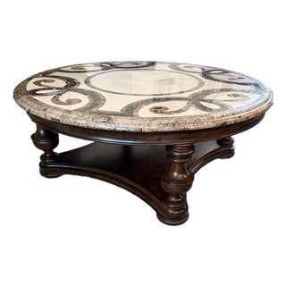 Elegant Round Marble Inlay Coffee Table With Carved Wood Base For Sale