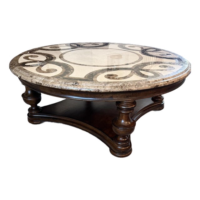 Elegant Round Marble Inlay Coffee Table With Carved Wood Base For Sale
