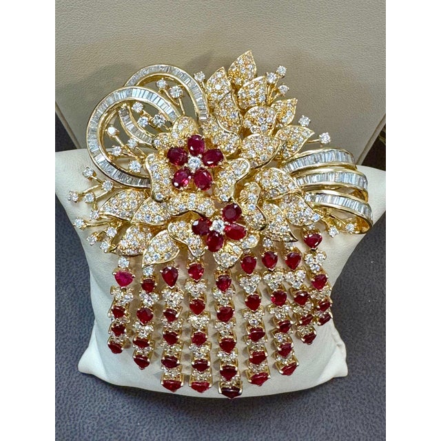 Vintage 18 Ct Diamond & 15 Ct Ruby Floral Broach 52.8 GM 18 Karat Yellow Gold For Sale - Image 18 of 18