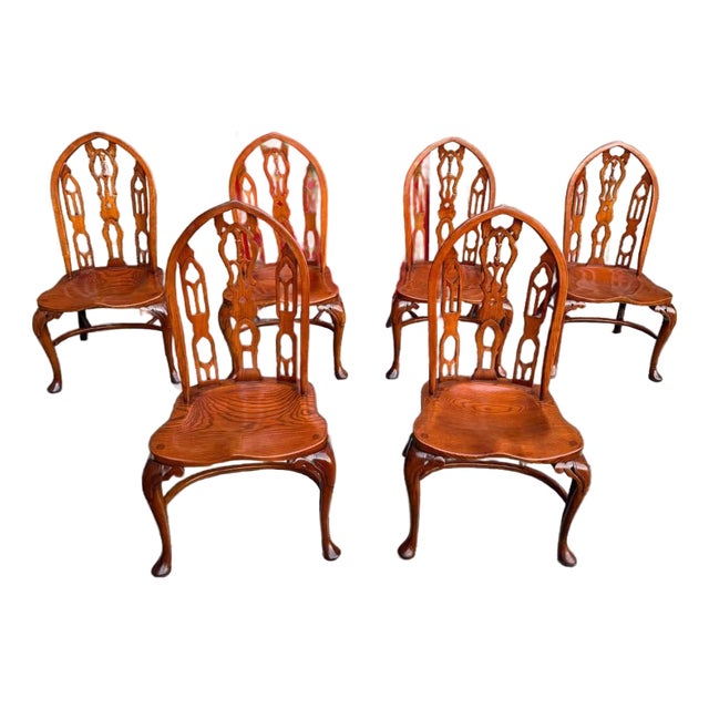 Vintage Gothic Strawberry Hill Windsor Steeple Back Dining Chairs For Sale