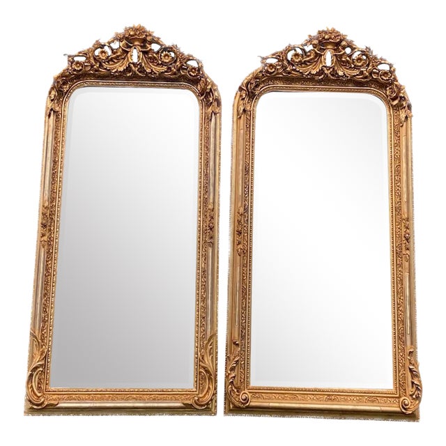 Late20C French Artisan Louis XVI Gold Wood Floor Mirror-Pair For Sale - Image 16 of 16