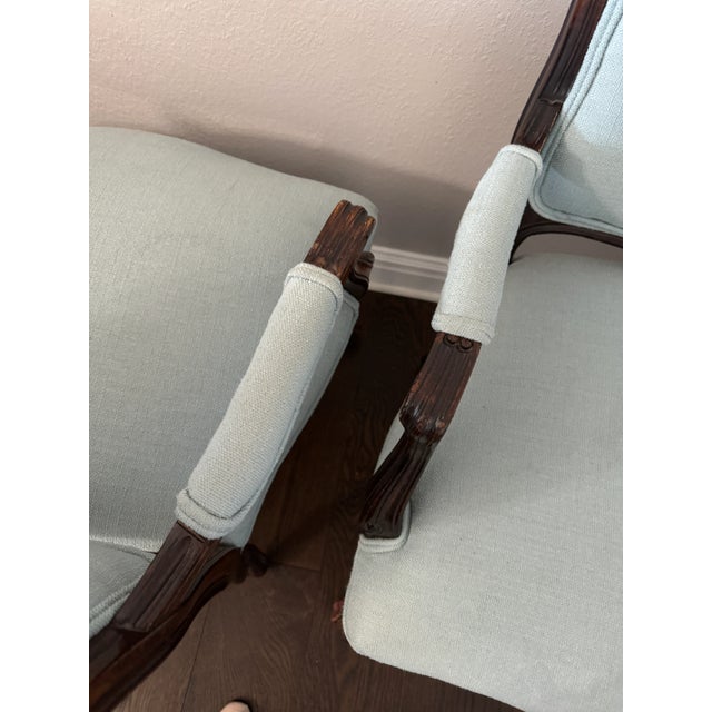 Baby Blue Early 20th Century Antique Louis XV Style Carved Walnut Upholstered Arm Chairs - Set of 2 For Sale - Image 8 of 12