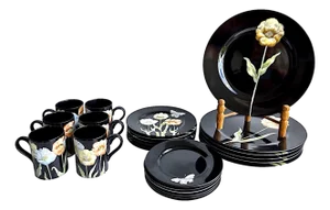 1980s Fitz & Floyd "Midnight Poppy" 4 Piece Place Settings, 24 Pieces