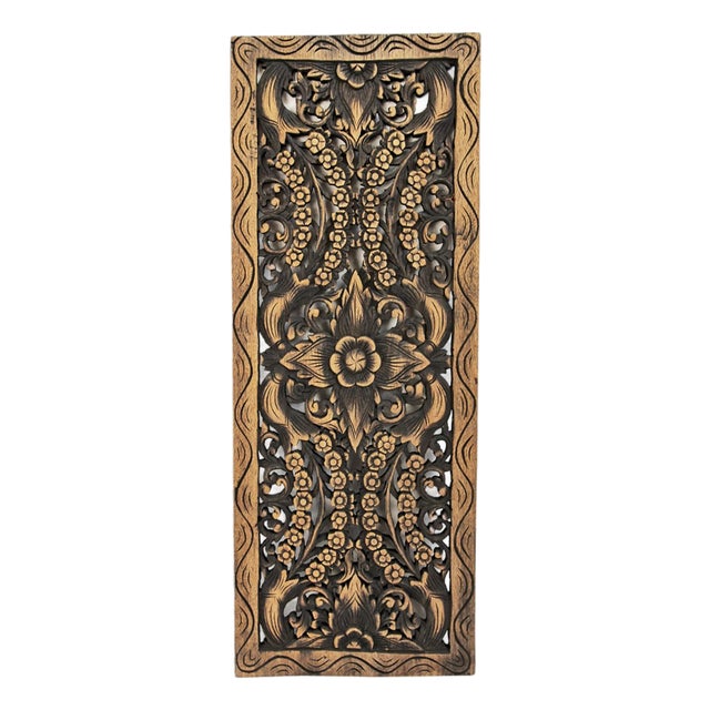 Carved Antique Brown Teak Panel For Sale
