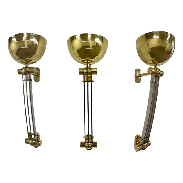 Large Art Deco Style Custom-Made Chrome-Plated Brass Wall Lamps, France, 1950s, Set of 3 For Sale